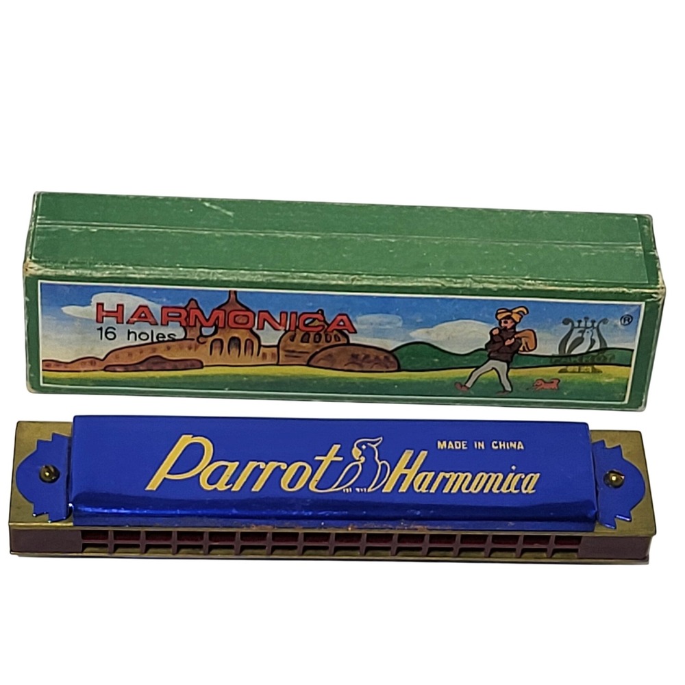 VTG Parrot Harmonica 16 Holes Blue Gold Metal Wind Instrument with Original Box